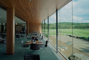 A beautiful view from the dining room and event space overlooking the rolling hills and golf course below