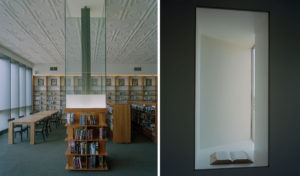 Gentry Public Library interior window sill, modern wooden shelving, and historic ceiling details