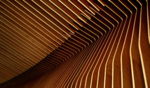 Crystal Bridges Museum Store wall and ceiling made of parallel cherry plywood ribs in a wave-like formation