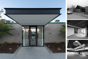 Northwest Arkansas Free Health Center covered modern entry with large overhang and glass windows