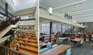 Interior steps and library being used by high school students