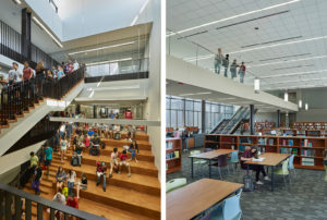 Interior steps and library being used by high school students