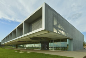 Metal angular materials seen from a 45 degree corner of the building