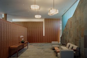 Stone and wood interior below circular hanging gold and white modern light fixtures