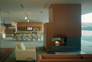 The lounge area with lit fireplace surrounded by modern couches and chairs