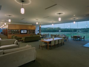 A beautiful view from the dining room and event space overlooking the rolling hills and golf course below