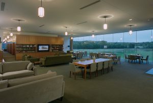 A beautiful view from the dining room and event space overlooking the rolling hills and golf course below