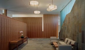 Stone and wood interior below circular hanging gold and white modern light fixtures