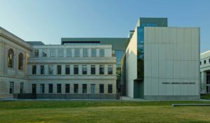 A profile view of the old Vol Walker building merging with the new Design Center