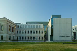 A profile view of the old Vol Walker building merging with the new Design Center