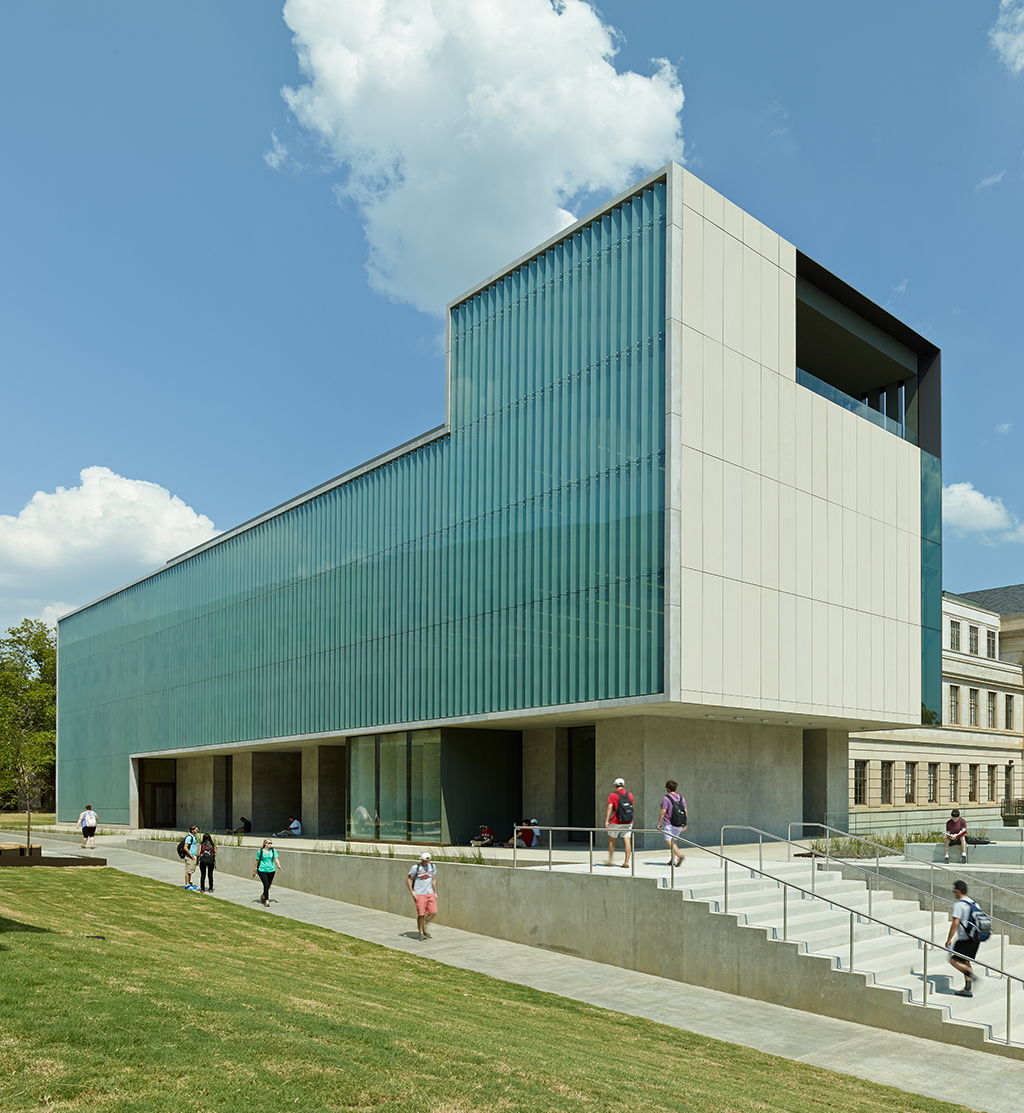 Steven L. Anderson Design Center Exterior exterior made of Indiana limestone, architectural concrete, and fritted glass