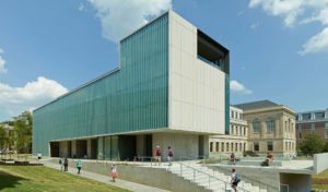 Steven L. Anderson Design Center Exterior exterior made of Indiana limestone, architectural concrete, and fritted glass