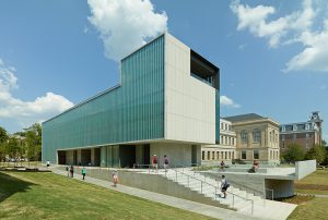 Steven L. Anderson Design Center Exterior exterior made of Indiana limestone, architectural concrete, and fritted glass