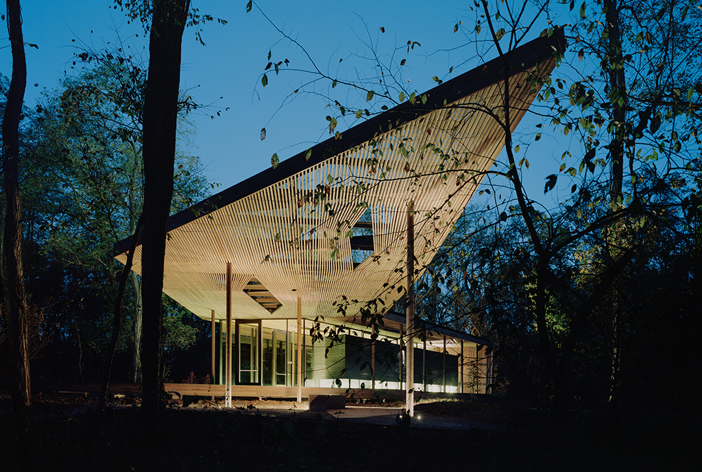 The low-slung form of the pavilion, bathed in dappled light, hovering above the forest floor, acts as an apparition in the woods