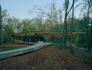 Indianapolis Museum of Art Visitors Pavilion seen in profile deep in the woods