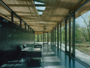 Wood slats form a semi-transparent envelope of deck, wall, and roof, supported by a steel exoskeleton, allowing light and moisture to filter through it