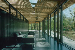 Wood slats form a semi-transparent envelope of deck, wall, and roof, supported by a steel exoskeleton, allowing light and moisture to filter through it