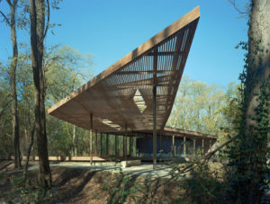 Indianapolis Museum of Art Visitors Pavilion exterior view of dynamic wooden roof