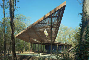 Indianapolis Museum of Art Visitors Pavilion exterior view of dynamic wooden roof
