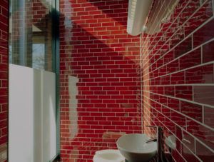 Red tile lined bathroom with natural light and opaque glass