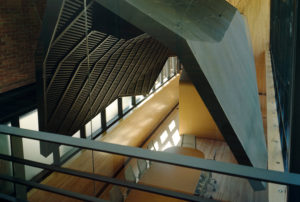 Looking down on a ‘shroud,’ clad in black zinc, suspended above a wooden conference room