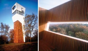 Keenan TowerHouse in the daylight and a cut-out view through slatted wood looking to the trees below