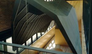 A look from the top of the black shroud or 'ship hull' that hangs above the conference room