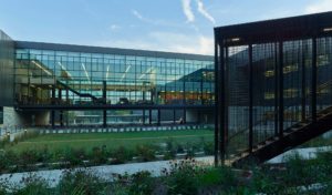 Fayetteville High School courtyard space with metal and glass materials landscaped with grass and flowers