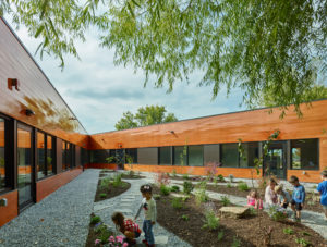 An enclosed area where children play in the garden line in cypress siding walls open to the blue sky above