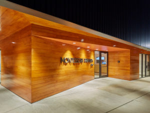 Montessori Primary sign on wood lit at night