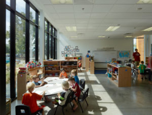 Montessori Elementary students working in a classroom bathed in natural light