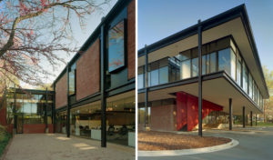 The Fulbright Building exterior made of brick and black steel beams with large glass windows