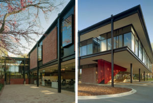 The Fulbright Building exterior made of brick and black steel beams with large glass windows