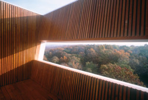 Keenan TowerHouse view from the top looking through cut out wooden beams looking into the forest far below