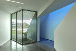 Harvey Pediatric Clinic glass wall and stairway with window looking outside to green landscaping