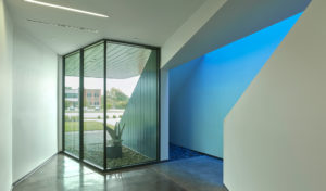 Harvey Pediatric Clinic glass wall and stairway with window looking outside to green landscaping