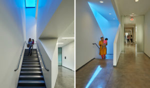 Harvey Pediatric Clinic hallways with high ceilings and white angular walls