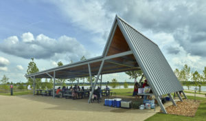 Metal roofline of the covered seating structure