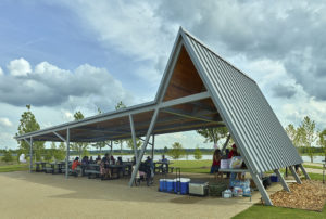 Metal roofline of the covered seating structure