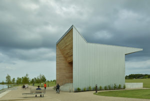 Metal and wood profile of one of the Shelby Farms Park structures