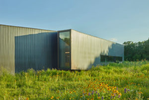 Exterior shot of the metal Innovation Lab building seen through a field of wildflowers