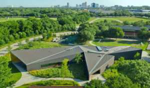 An aerial view of Lamplighter Innovation Lab and the surrounding greenspace