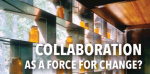 Collaboration as a Force for Change video thumbnail featuring an interior photo of a room with a wooden ceiling and honey jars in glass shelves facing out into the woods