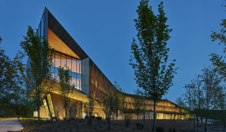 Heartland Whole Health Institute, elevated porch at night.